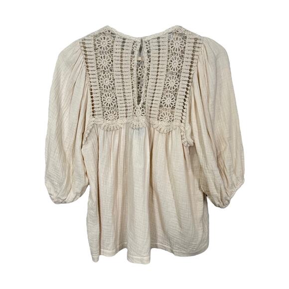 Saylor Nakai Blouse Medium Boho Cream Crochet Peasant Top Cottage Prairie Gauze - Picture 5 of 7